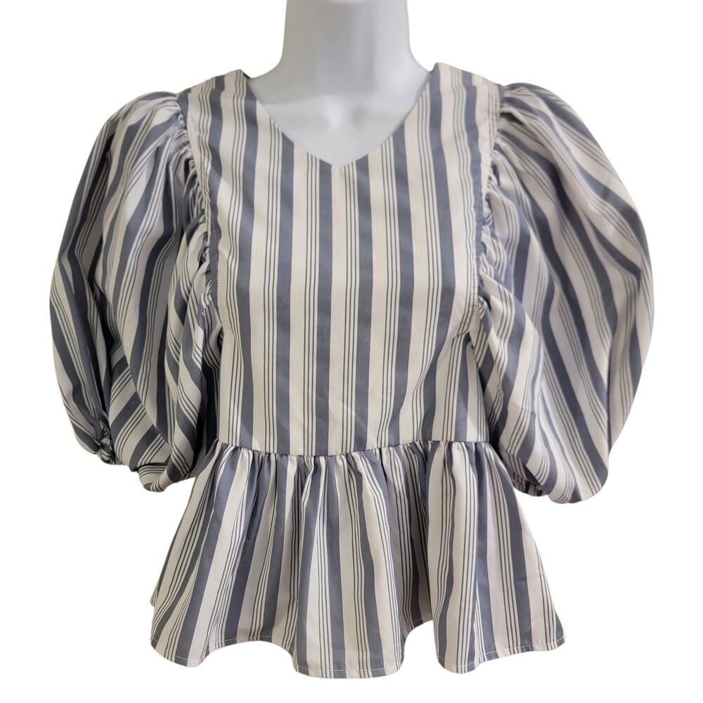 Habitual Girl Girls Size 10 Striped Puff Sleeve Peplum Blouse Blue White